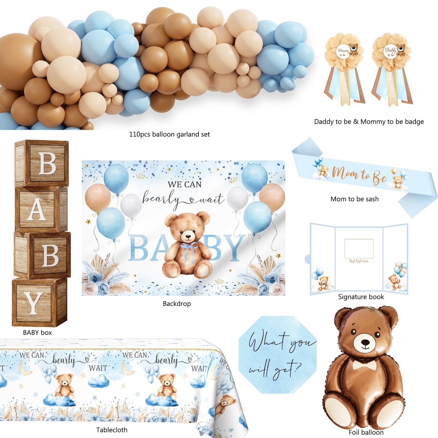Bear Baby Shower Decorations Party Supplies, We Can Bearly Wait Baby Shower Decoration, Backdrop Balloon Arch Box Mom to Be Sash Dad to Be Pin Tablecloths Bear Balloon