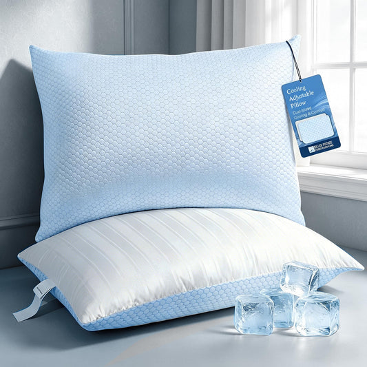 Blue Ridge Home Fashions Luxury Hotel Quality Cooling Pillows Queen Size Set of 2, Soft Medium 500 Thread Count Damask Stripe Embroidered 100% Cotton Cover, Down Alternative