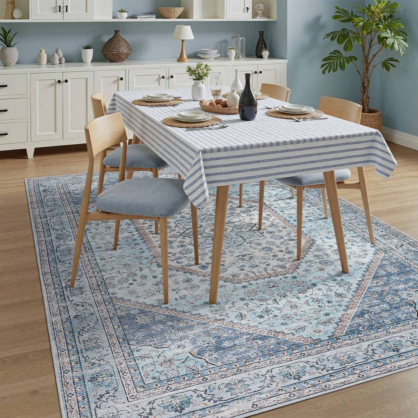 DCX Blue 5x7 Rug, Machine Washable Stain Resistant Kid & Pet Friendly with Rubber Back Non Slip Vintage Rug for Living Room, Bedroom, Home Office, Soft Low Pile Large Carpet