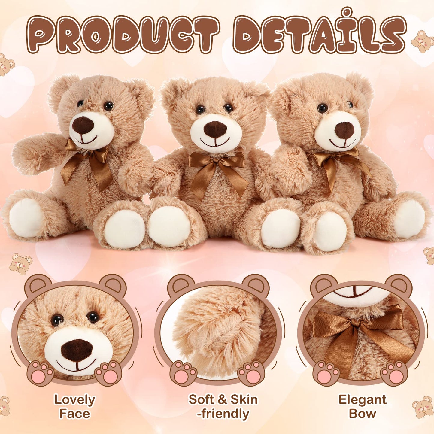 HyDren 12 Pieces Valentine‘s Day Bears Stuffed Animals Soft Plush Toy Bears for Birthday Party Easter Wedding Baby Shower Christian Charity Donation Supplies(Light Brown)