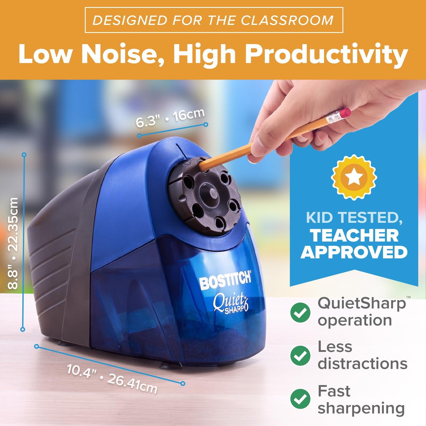 Bostitch Office QuietSharp Electric Pencil Sharpener, Heavy Duty Classroom or Office Use, Size Selector with 6 Different Sizes, Blue