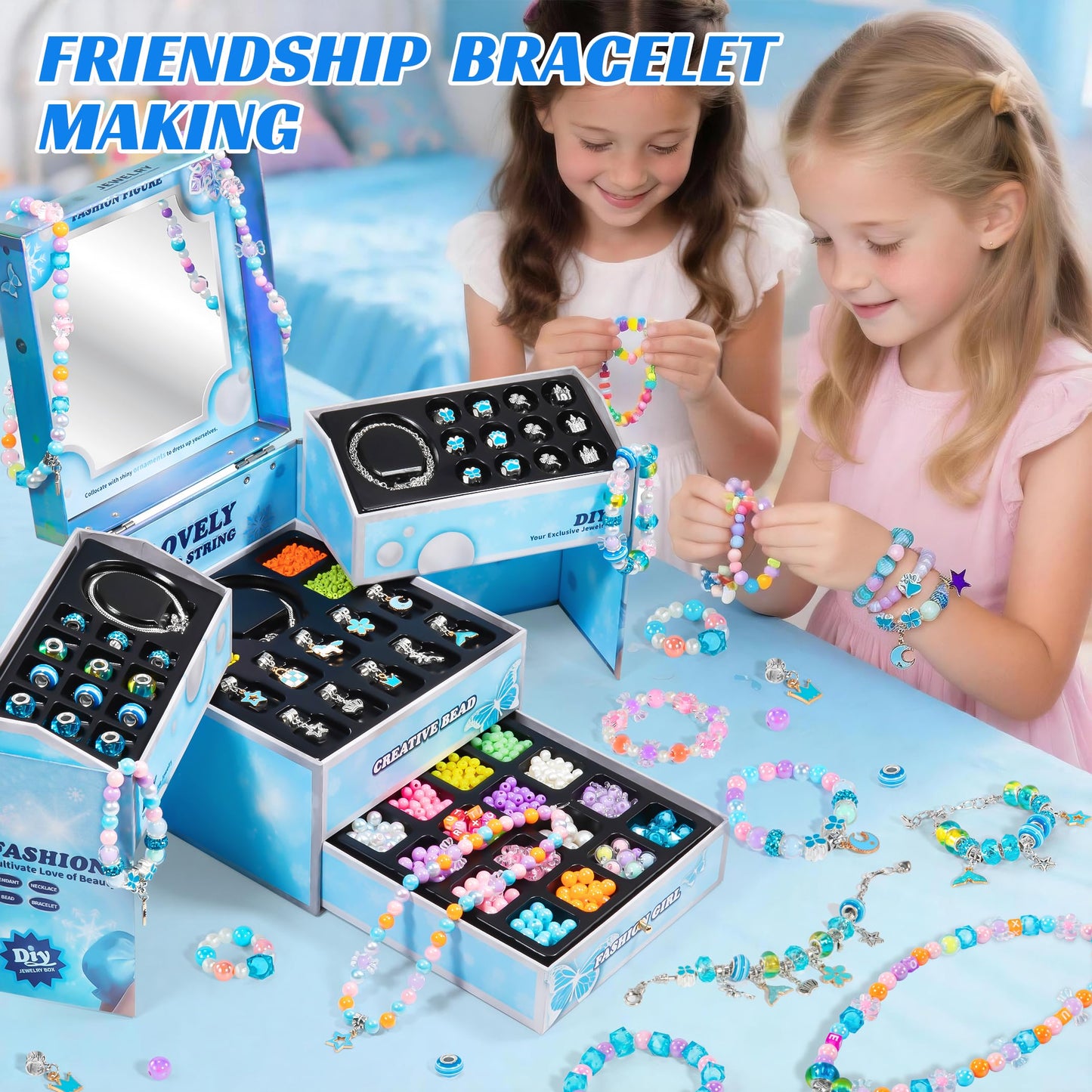 WOANZZ Charm Bracelet Making Kit, DIY Jewelry Making Kits for Girls 8-12, Jewelry Box with Beads Necklace Kit Crafts Birthday for 6 7 8 10 11 12 Year Old Girl, Blue