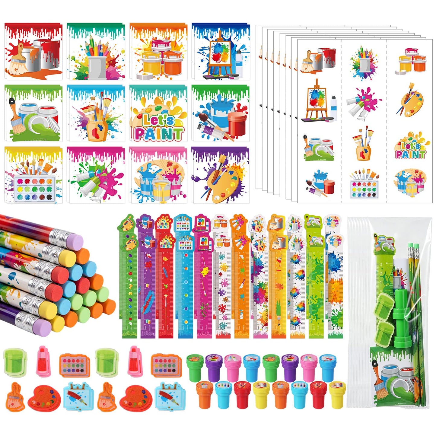 Pajean 168 Pcs Art Paint Party Favors Decorations – 24 Set Art Mini Notebooks Notepads, Pencils, Stamps, Large Stickers Stationery Paint Splatter Birthday Party Favors Supplies Artist Goodie Bag Gift