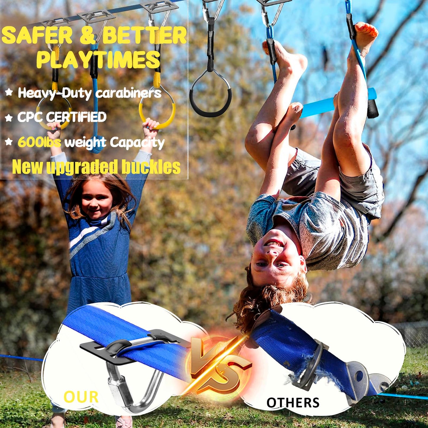 Gentle Booms Sports Ninja Warrior Obstacle Course for Kids, 2×56ft Ninja Line Kit with 8 Slackline Accessories - Monkey Bar, Rope Ladder, Gymnastic Ring, Arm Trainer and Monkey Fist