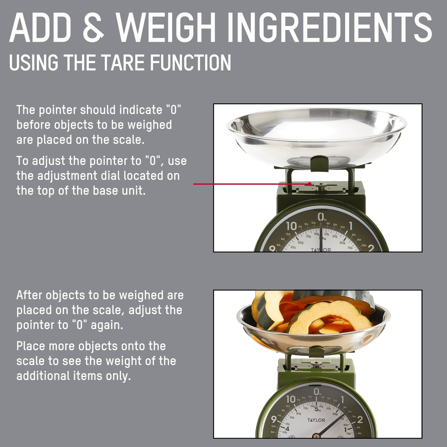 Taylor Analog Kitchen Scale, Stainless Steel Mechanical Food Scale with Removable Bowl, 11 lb Capacity, Large 5-Inch Dial, Battery-Free Design for Baking and Meal Prep