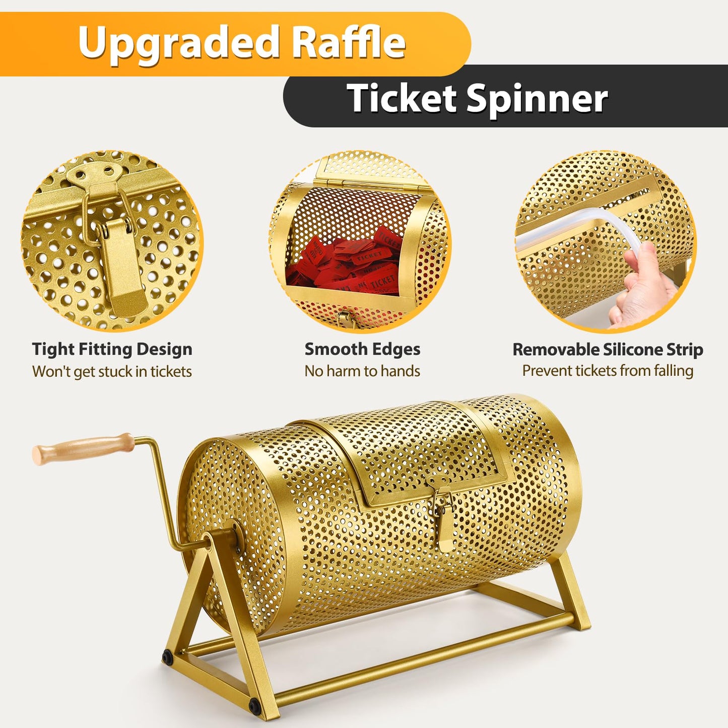 Raffle Drum, Thickened Metal Raffle Ticket Spinner Box with Sealing Tape, Silent Design Raffle Ticket Cage with Wooden Turning Handle & Stable Tripod Stand for Lottery Games, Raffle Balls