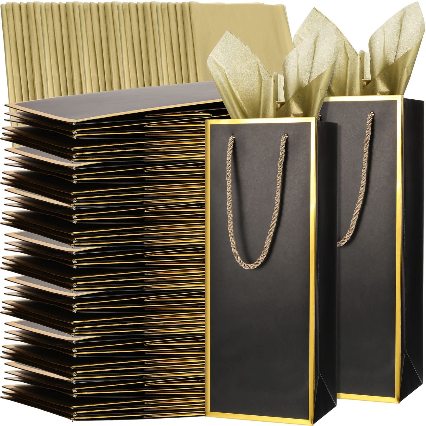 TaoBary Black Wine Gift Bags and Gold Wrapping Paper Set Wine Bags for Bottle Bulk 4 x 5 x 13 Inch Champagne Gift Paper Bags with Handles for Appreciation Wedding Party Anniversary(50 Packs)