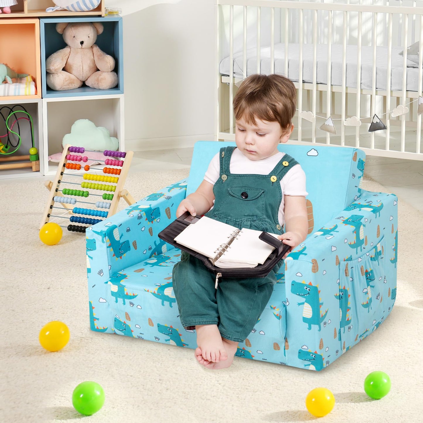 Costzon Kids Couch, 2 in 1 Flip Open Children's Sofa w/Velvet Fabric, Storage Pockets, Toddler Armrest Chair Bed for Nap Play Sleep, Ideal Gift for 0-4 Years Old Baby Boys Girls, Crocodile