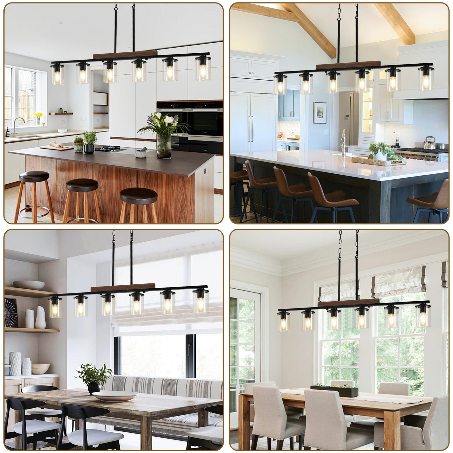 47.2'' Kitchen Island Light Fixtures, 6-Light Dining Room Light Fixture Chandelier Over Table, Black Modern Rustic Wood Ceiling Pendant Light Fixtures, with Clear Glass Shade, Farmhouse Chandelier