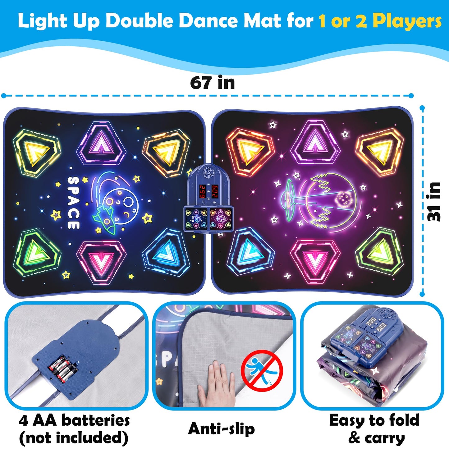 Large Double Electronic Dance Mats, Dance Pad with LED Light & Wireless Bluetooth, Music Dance Toy with 6 Game Modes, Challenge Game for Single & Double Players, Dance Mat Toy for 3-12 Year Old Girls
