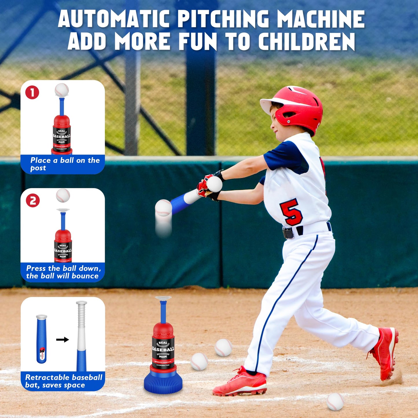 Kids Basketball Hoop Set 4 in 1 and T-Ball Adjustable T-Ball Stand with Automatic Throwing Machine Sports Toys Indoor Outdoor Gifts
