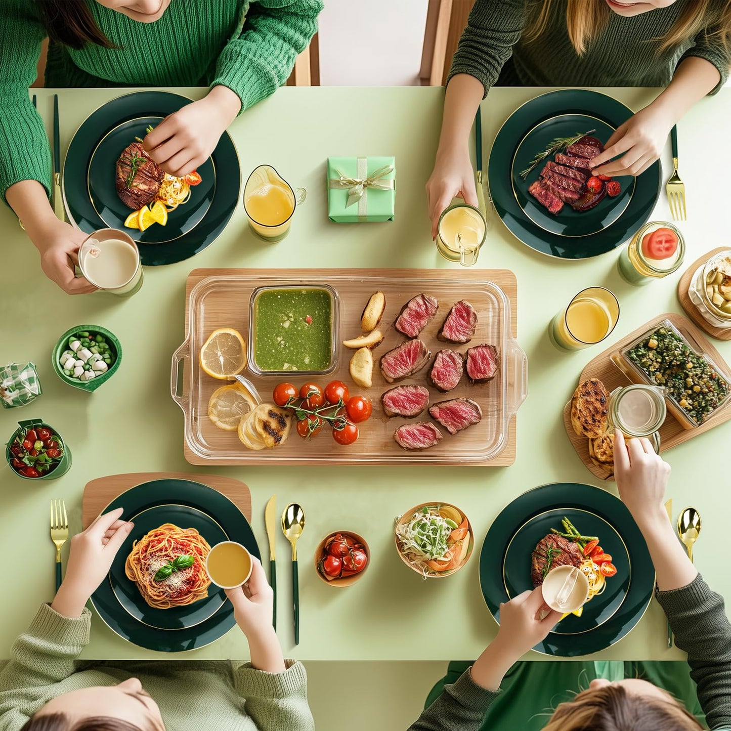 175 Pieces Green Gold Plastic Dinnerware Set, Gold Disposable Plates for Party, Include 50 Green Plates with 75 Plastic Cutlery, 25 Napkins and 25 Cups