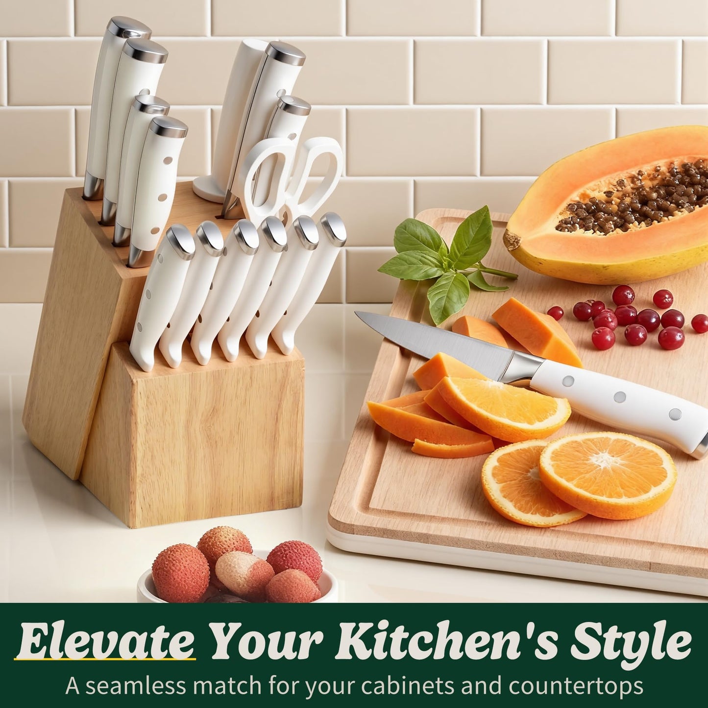 Knife Set, 15 Piece Premium Chef High Carbon Stainless Steel Kitchen Knife Block Set, Razor-sharp, Ergonomic Forged Triple Rivet Handle, Professional Knife Set for Kitchen, Dishwasher Safe(White)