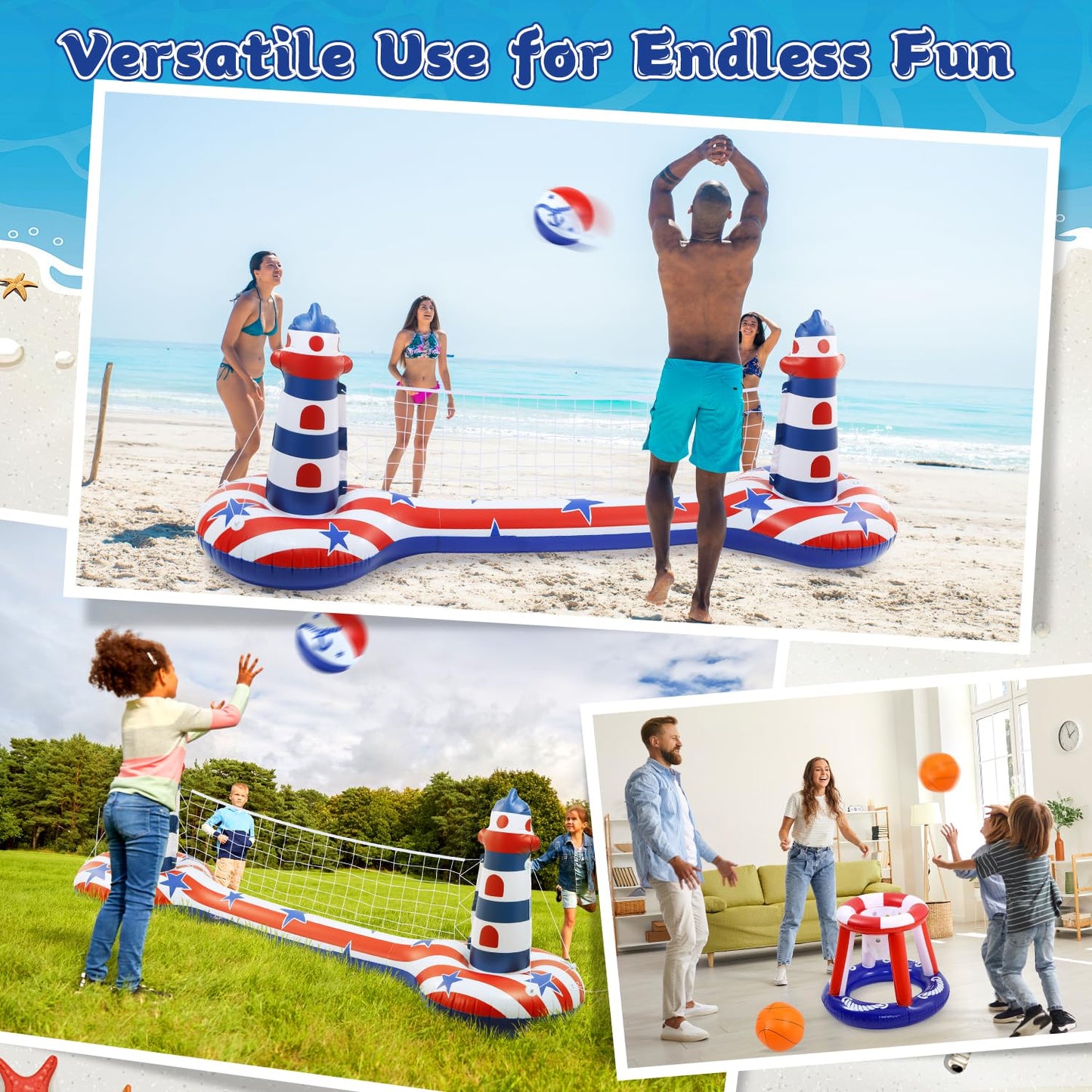 EagleStone Swimming Pool Volleyball Net Set with Basketball Hoop,Inflatable Pool Floats Set American Flag Volleyball Net & Basketball Hoops
