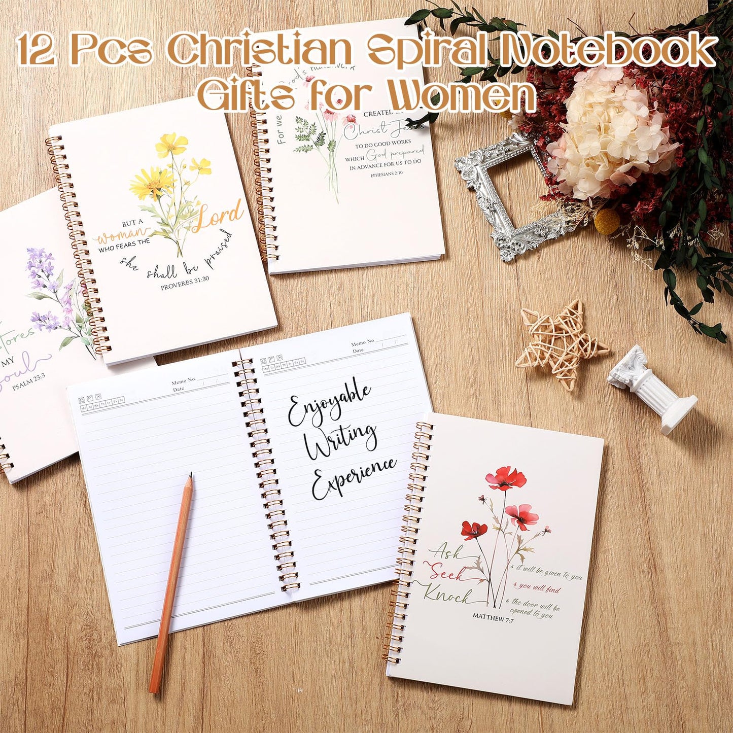 Supervitae 12 Pack Christian Gifts for Women Church Bulk Teacher Graduation Spiral Bible Verse Notebooks A5 Inspirational Religious Journals Prayer Scriptures Notepad for Sunday School(Blessed)