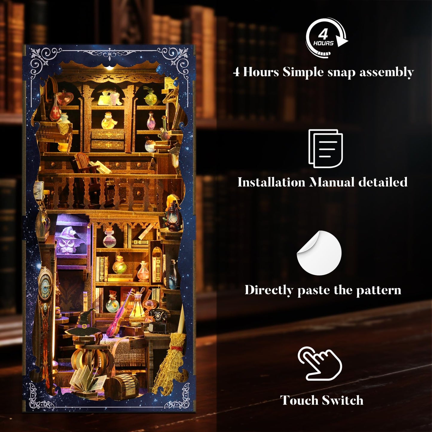 DIY Book Nook Kit for Adults, 3D Wooden Puzzle Bookshelf Insert Decor with LED Light & Stickers, Dust Cover,Miniature House Craft Gifts for Family,Friends and Book Lovers（Magic Potion House）