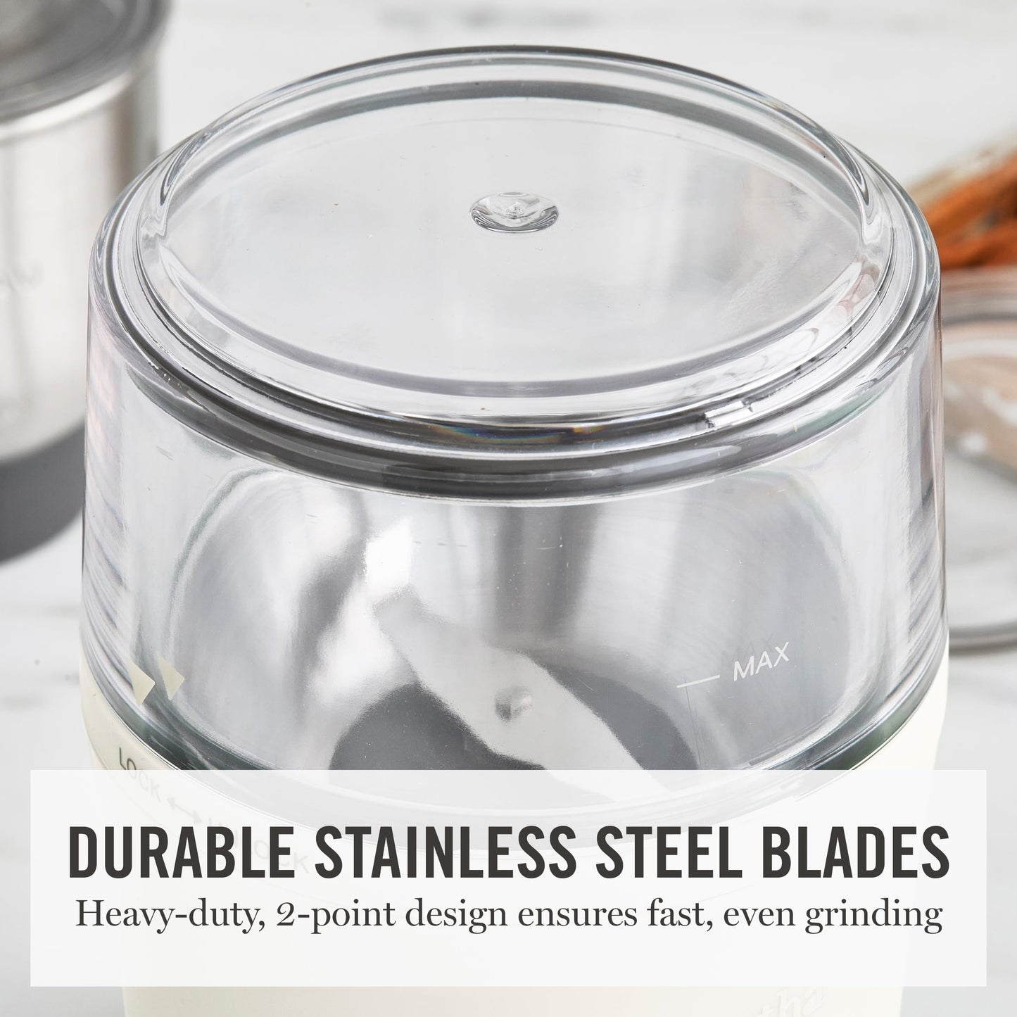 Martha Stewart Electric Coffee & Spice Grinder, Dual 2.5oz Removable Bowls, Storage Lids, Stainless Steel Blades, One Touch Pulse Control, 2-in-1 Compact, Beans & Spices, Herbs & Nuts, Linen Cream