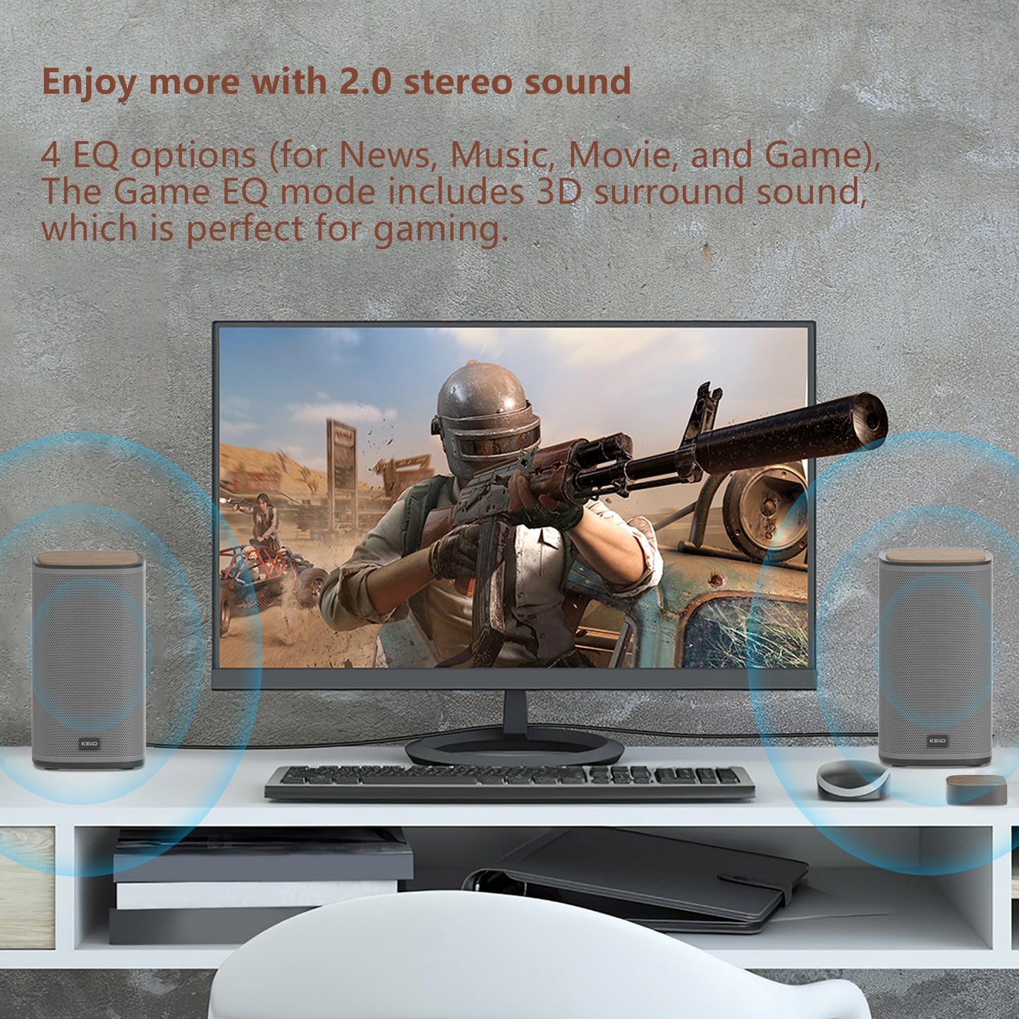 KEiiD Bluetooth Computer Speakers with Wireless Touch Control Pod for PC Laptop/Desktop Wireless Stereo Gaming Speakers, 4 EQ Modes, Aesthetic Style, 2024 New Model