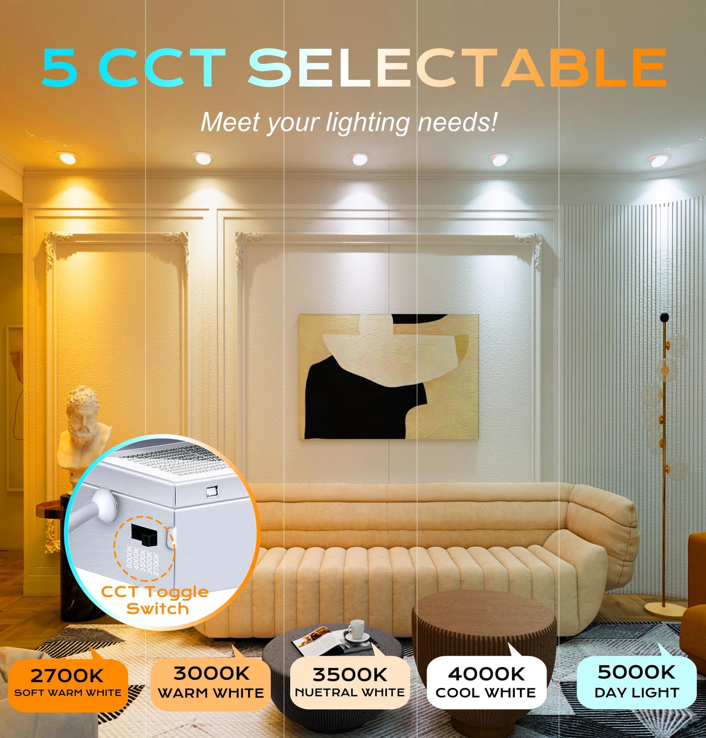 CLOUDY BAY 15W 6 inch 5 Color Swivel LED Gimbal Recessed Light with Junction Box, IC Rated Air Tight Flicker Free,120V CRI90+, 2700K/3000K/3500K/4000K/5000K Temperature Selectable,White, Pack of 4