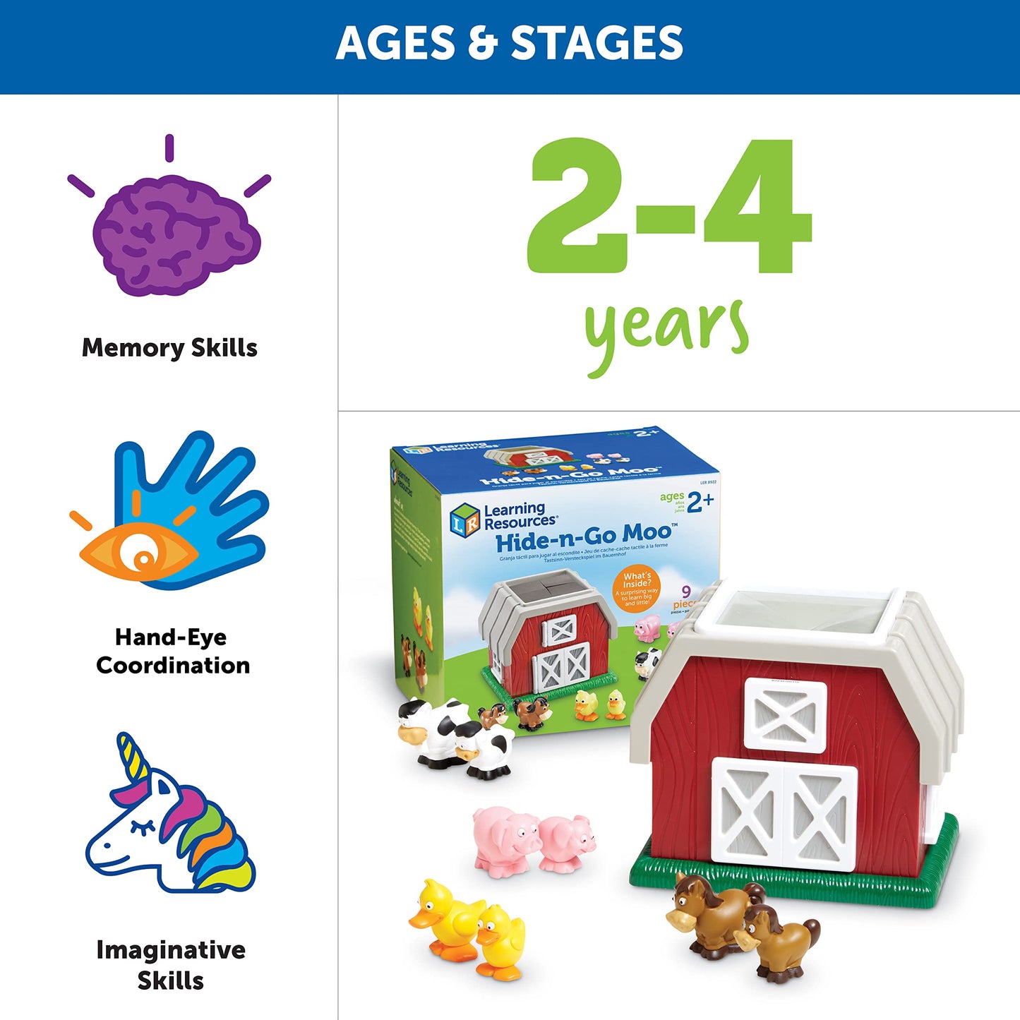 Learning Resources Hide-N-Go Moo, Sensory Awareness, Cognitive Function Farm Animal Toy, 9 Pieces, Ages 2+ (LER8922)