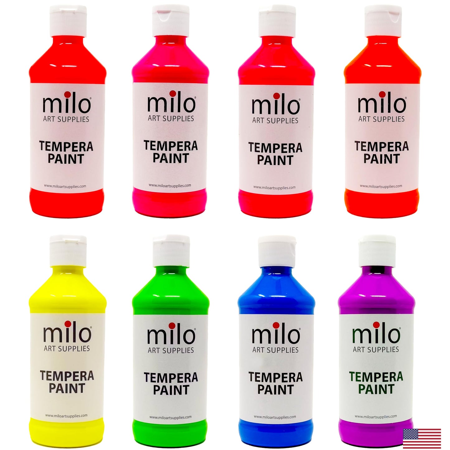 milo Fluorescent Tempera Paint Set of 8 Colors | 8 oz Bottles | Made in the USA | Washable and Non-Toxic Neon Art & Craft Poster Primary Paints for Artists, Kids, & Hobby Painters, Glows UV in Black Light
