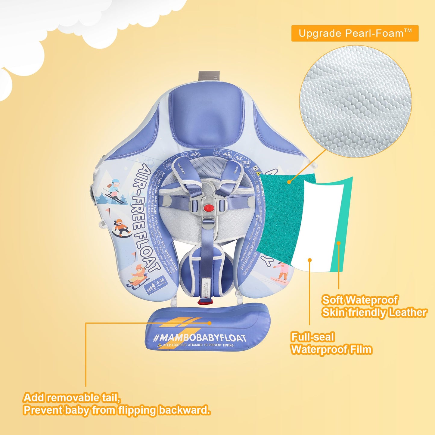 Baby Floats for Pool with Canopy Removable UPF 50+ UV Sun Protection Canopy，Mambobaby Infant Pool Float Non Inflatable Soft Skin-Friendly Leather Material Infant Swim Float 3-24 Months
