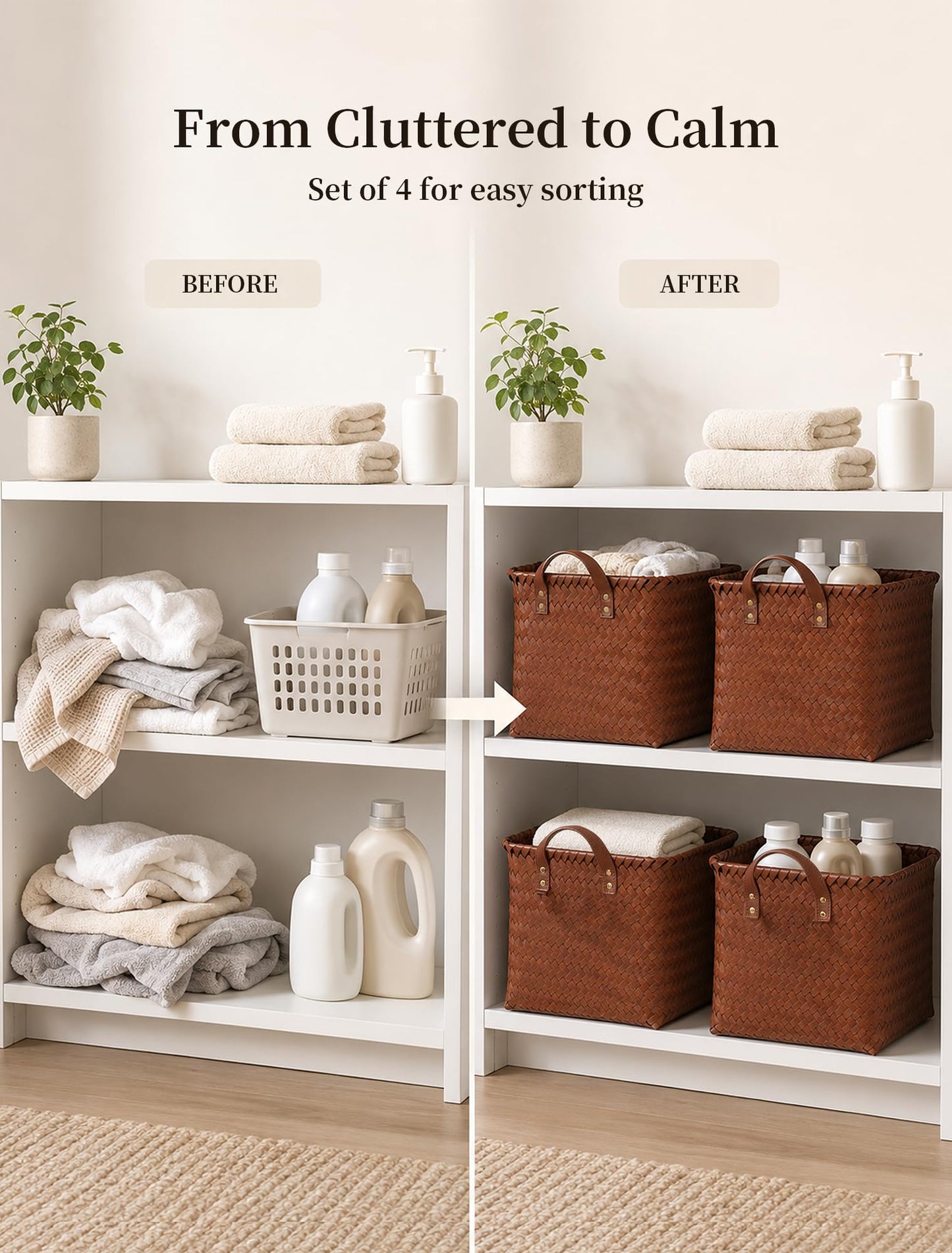 Panovox Hand Woven Baskets for Storage, 4Pcs Water-Resistant Wicker Baskets, Brown Wicker Storage Baskets for Shelves, Large Basket with Handle for Organizing, Clothes, Laundry, Blanket - Rectangular