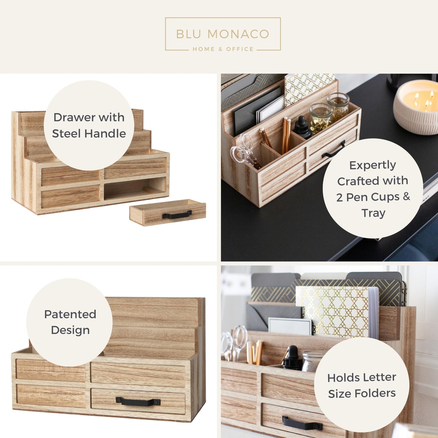 BLU MONACO | Natural Wood Mail Organizer with Drawer & Pen Holder | Rustic Desk Organizer for Bills, Letters & Countertop Storage | Wooden Desktop Mail Sorter for Home & Kitchen