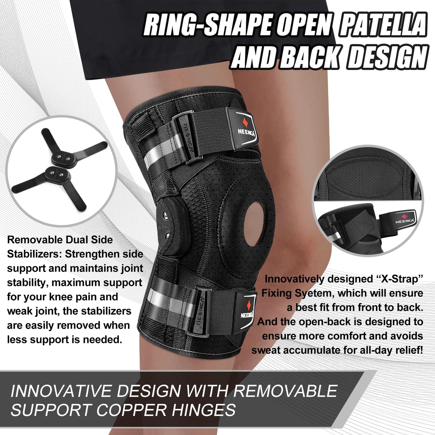 NEENCA Professional Knee Brace for Knee Pain, Hinged Knee Support with Patented X-Strap Fixing System, Strong Stability for Pain Relief, Arthritis, Meniscus Tear, ACL, PCL, MCL, Runner, Sport, Workout