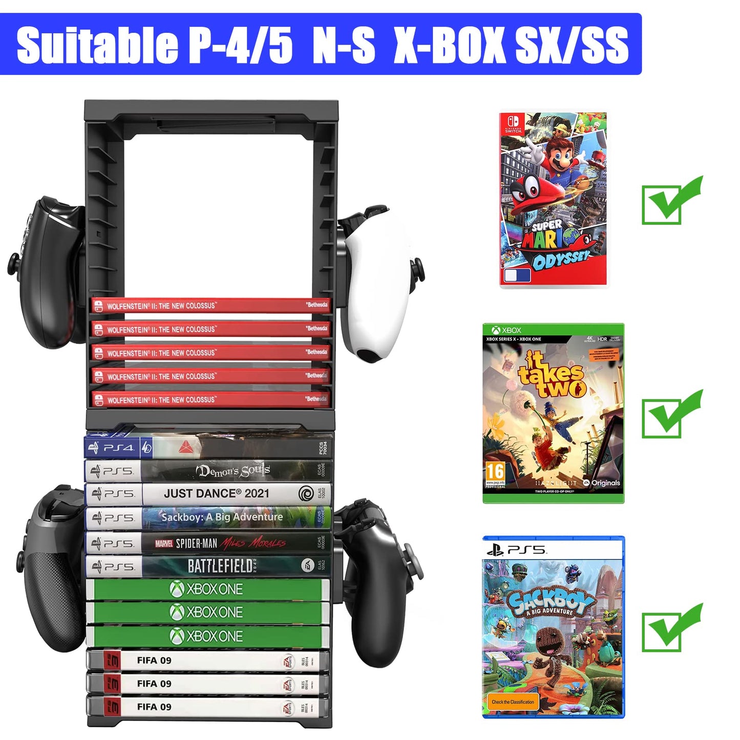 SIKEMAY Game Storage Tower for PS5/PS4/Xbox Series S & X - Universal Video Game Disc Organizer with 24 PCS Holders, 4 Controller Slots & Stand Rack Accessories - Black