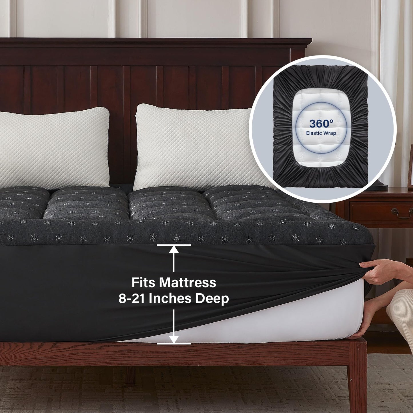 Anluoer Mattress Topper Queen Memory Foam for Back Pain,Down Alternative Pillow Top Mattress Topper,Thick Mattress Pad with 8-21" Deep Pocket, 60x80 Inches, Dark Grey