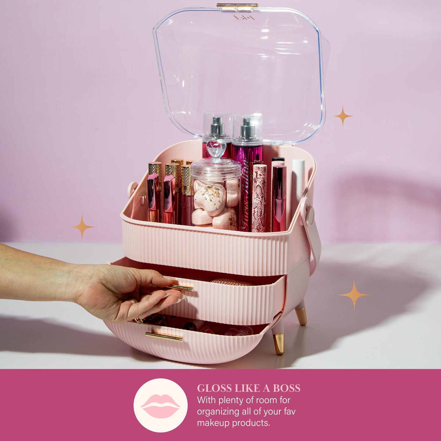 Paris Hilton Makeup Storage Organizer with Lid, Standard, Pink