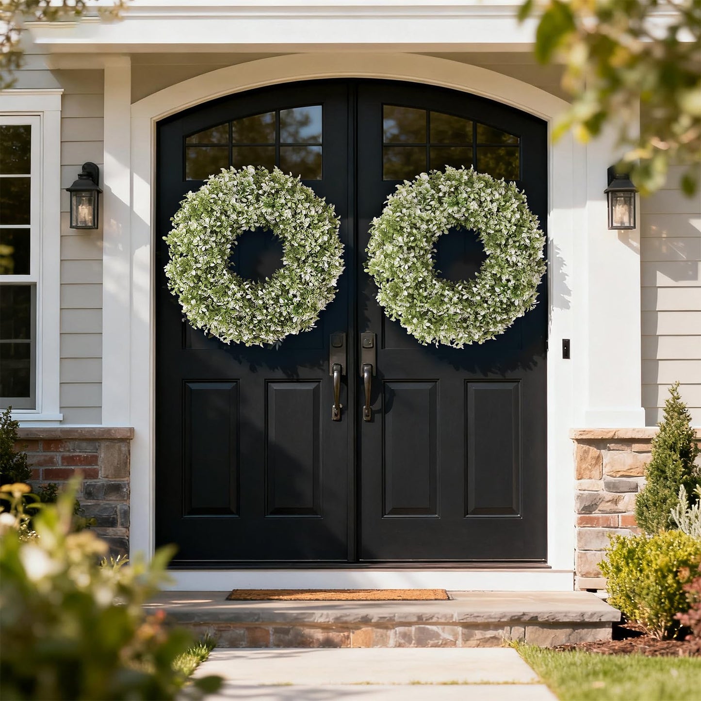 26" Artificial Boxwood Wreath for Front Door - Large Faux Aglaia Odorata Wreath, Fake Eucalyptus Leaves Plants for Wall Window Farmhouse Outdoor Decor - Spring, Summer, All Seasons (White-Green)
