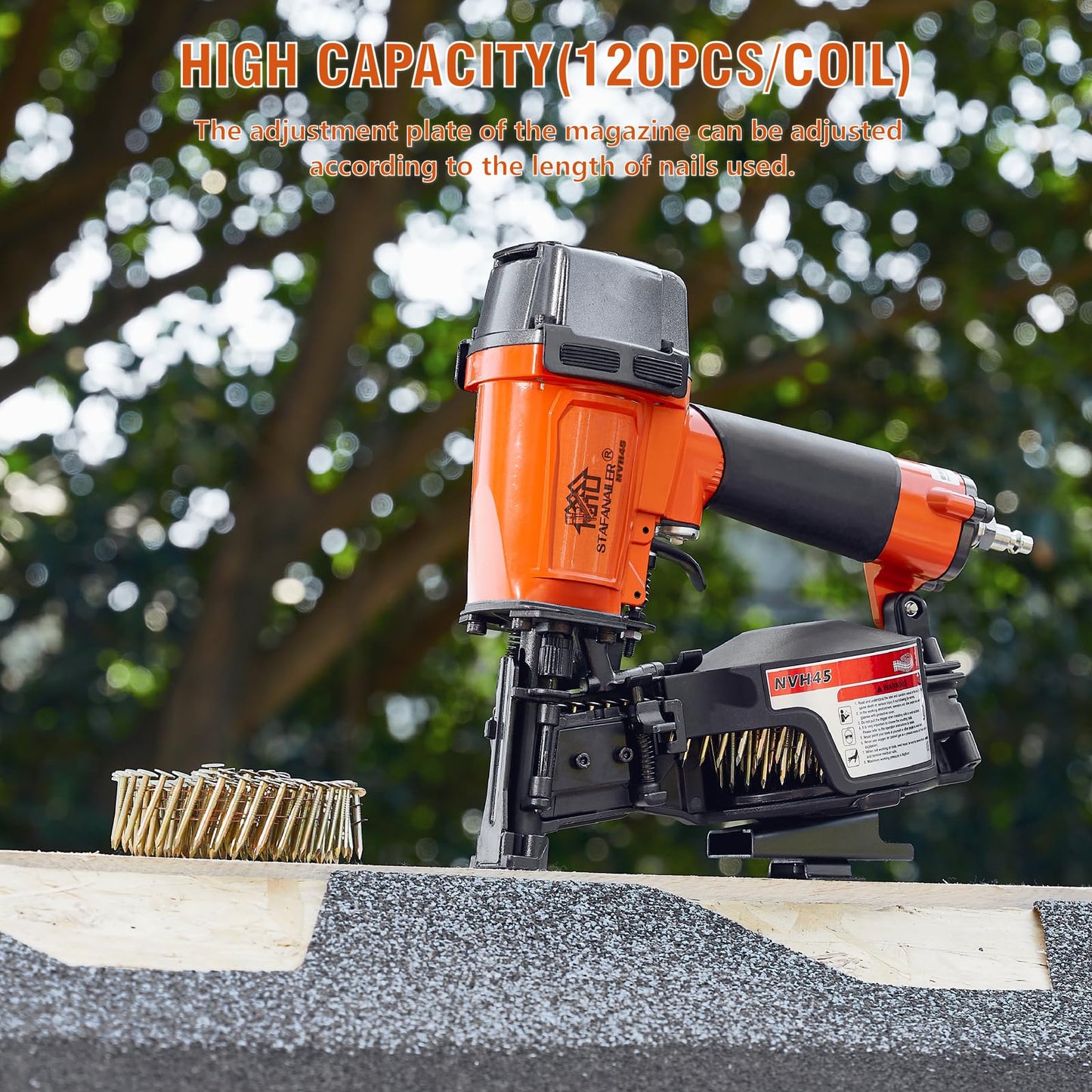 2025 Upgraded - NVH45 Roofing Nailer, Roofing Nail Gun For Roofing Constructions Accepts 15 Degree 7/8-Inch to 1-3/4-Inch Nails, 120-pcs Load Capacity High Speed, Durable Pneumatic Coil Nailer
