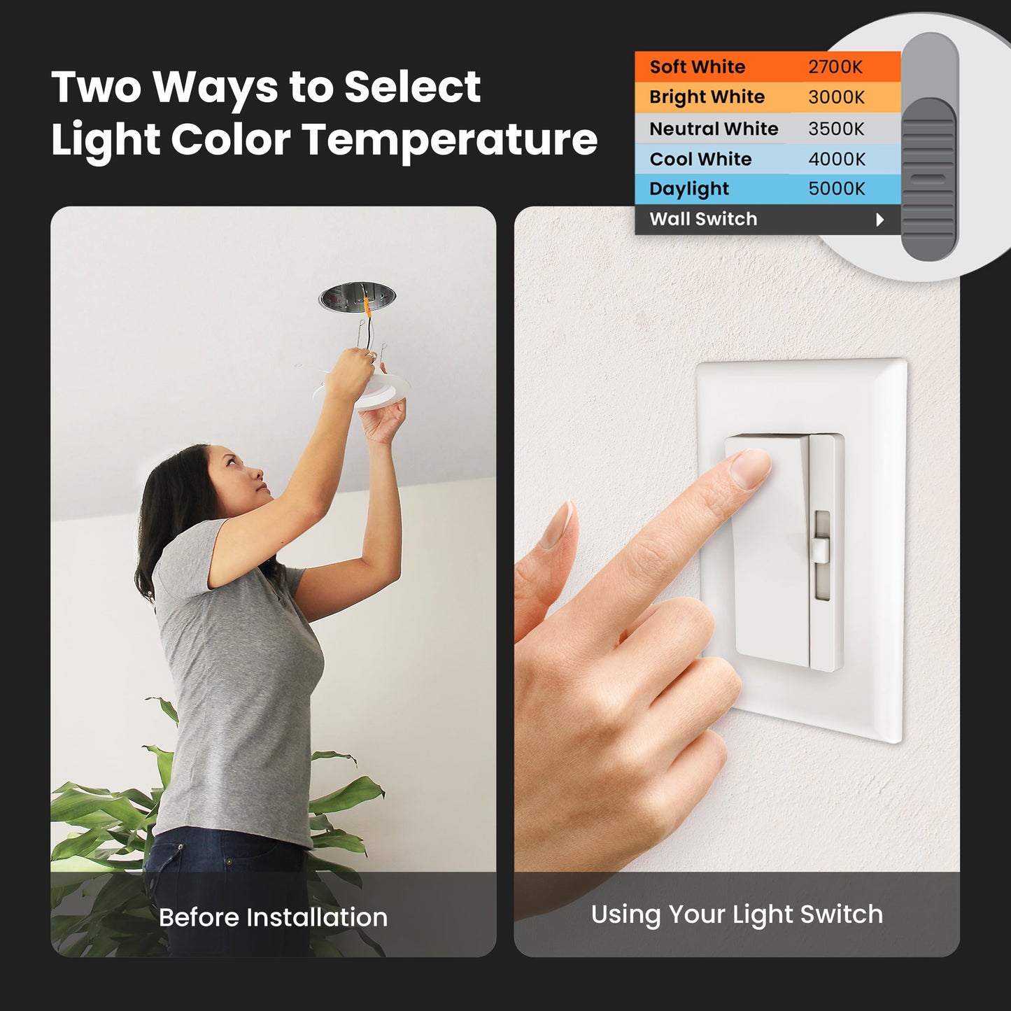 Feit Electric 4 Inch LED Recessed Downlight with Lumen Select, 75W Equivalent, Dimmable, 775 Lumens, 5CCT Selectable White 2700K–5000K, 90+ CRI, 50,000-Hour Lifetime, LEDR4HO/6WYCA/4, 4 Pack