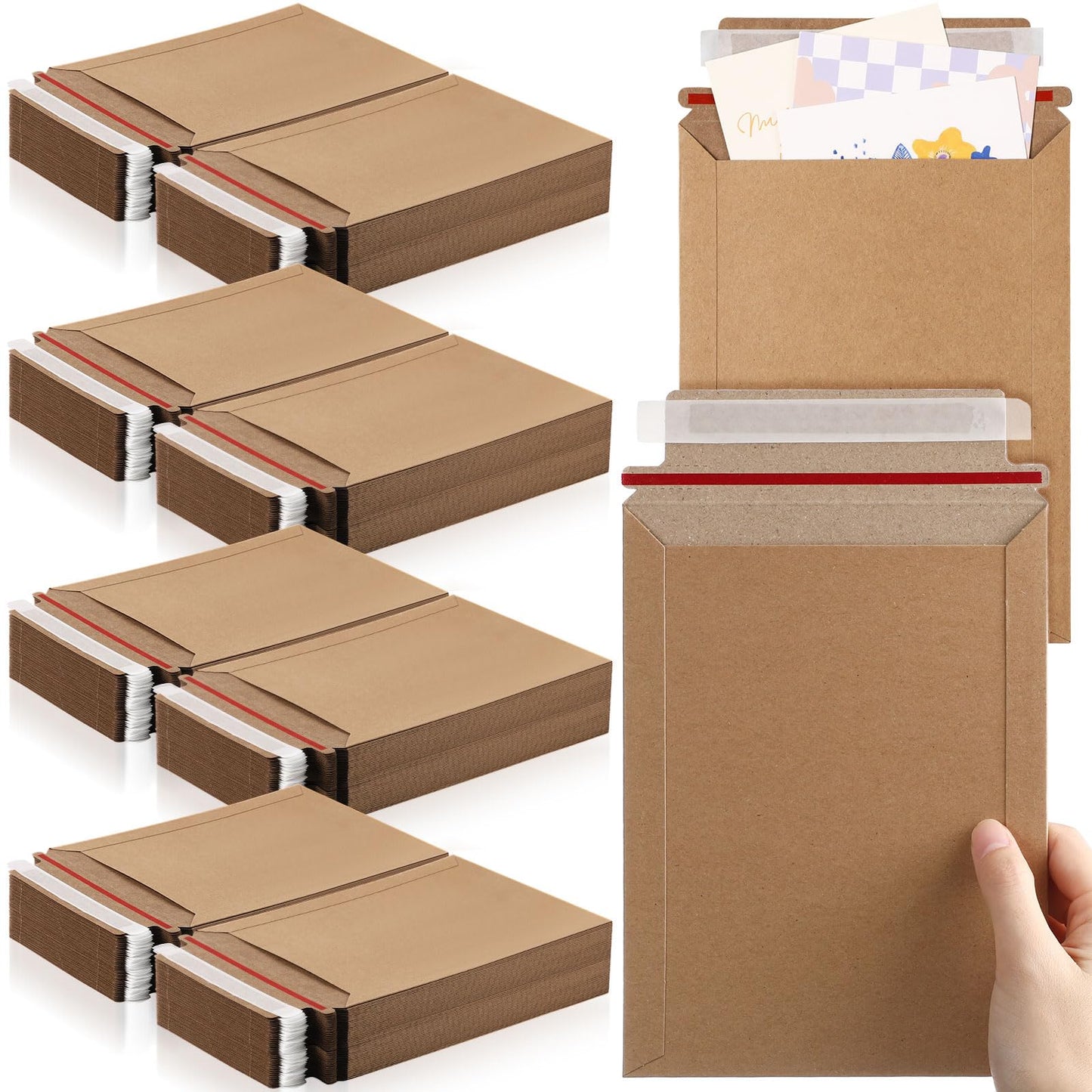 Fainne 200 Pack 6 x 8 Inch Rigid Mailers Self Adhesive Seal Photo Document Mailers 250gsm Keep Flat Kraft Photography Cardboard Envelopes for Shipping Cd, Photo, Gift Card, Document, Paper