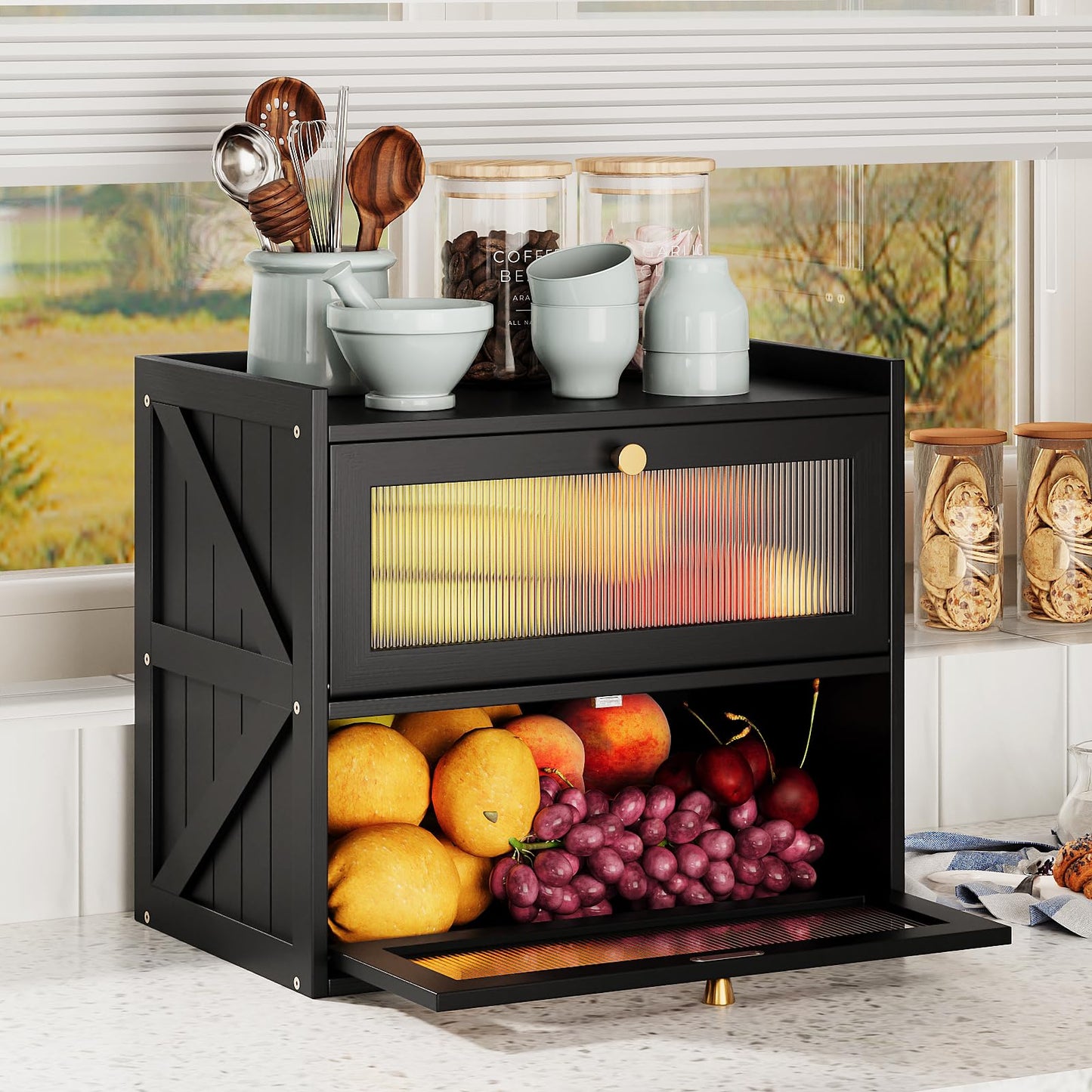 Trironsun Double Layer Bread Box for Kitchen Counter Black Bread Storage Container with Acrylic Door Large Farmhouse Breadbox Organizer Bread Holder (Black)
