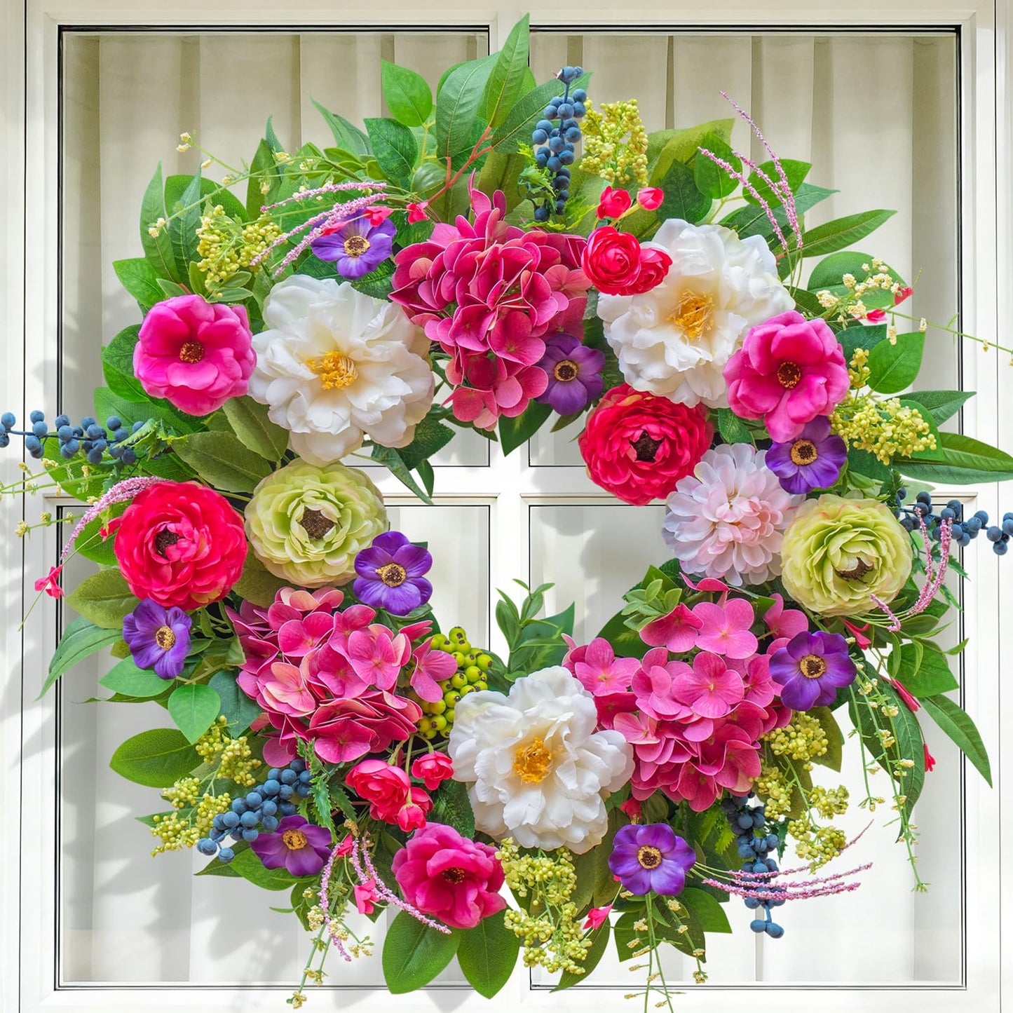 Pinkpuii Spring Wreaths for Front Door 24 Inch Lush Spring Door Wreath with Pink Peonies, Roses, White Blooms & Greenery, Garden Style Summer Flower Wreath for Front Porch, Entryway & Wall Window