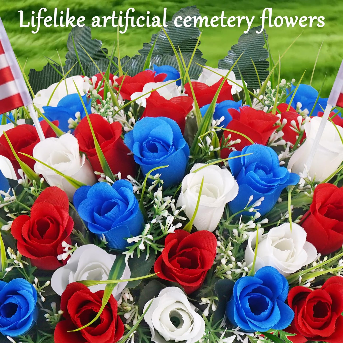 Luabue Artificial Cemetery Flower Grave Saddles for Headstone Roses red White and Blue Artificial Flowers with Flags Memorial Day Decorations for Grave Veterans Patriotic 4th of July Independence Day