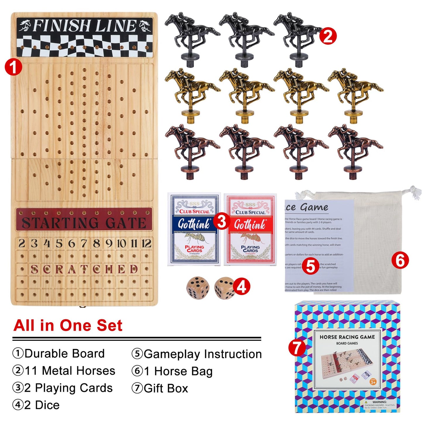 Offelec Large 23 inches Horse Race Board Game, Premium Durable Foldable Wooden Box, Horse Racing Game with 11 Retro Metal Horses, 2 Dices and 2 Playing Cards Fun Family Night Games for Adults Kids