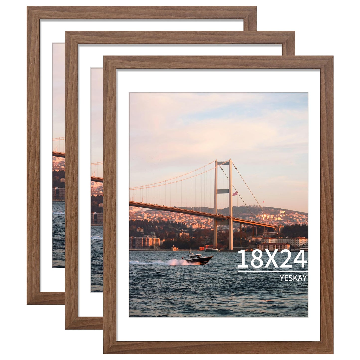 YESKAY 18x24 Picture Frame Brown Set of 3, Display Pictures 16x20 with Mat or 18 x 24 Without Mat, Poster Frames 18x24 for Wall Hanging Horizontal and Vertical