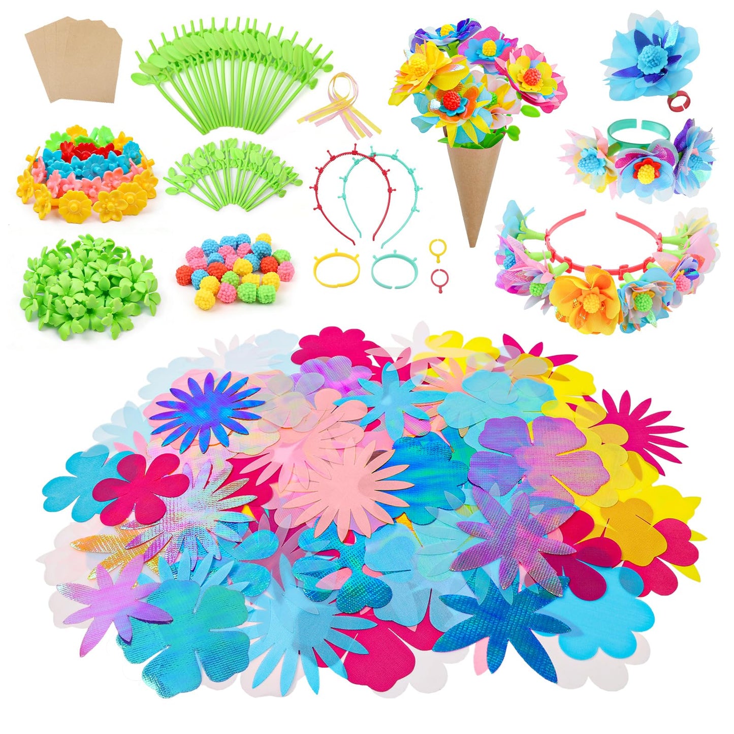 IQBOX Flower Craft Refill Kit for Kids Ages 4–8 – 217+ PCS Flower Making Accessories for Kids DIY Bouquet, Headband, Bracelet Supplies