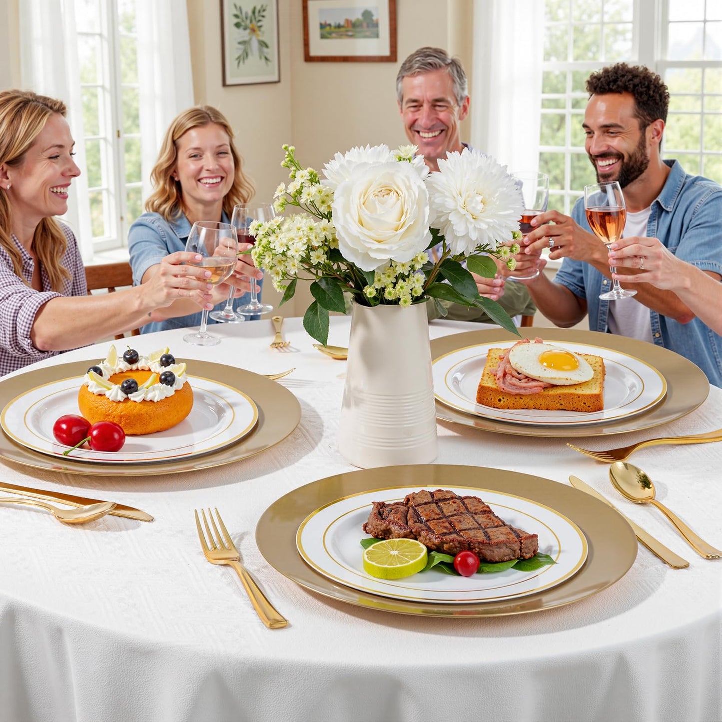 WDF 12Inch Plastic Charger Plates - 25Pack Gold Charge for Dinner - Disposable Gold Charge Plates - Perfect for Dinner/Wedding Party/Elegant Tabletop Decor
