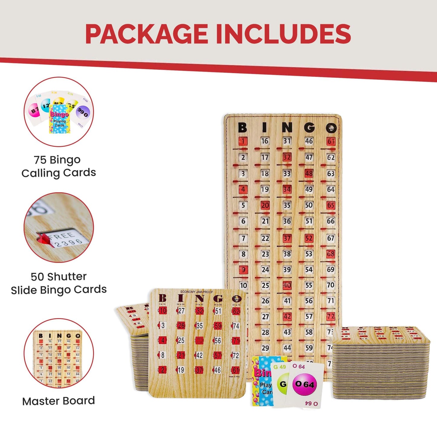 MR CHIPS Jam-Proof Bingo Cards with Sliding Windows, 50 Reusable Shutter Cards, 75 Calling Cards 1 Master Board in Tan Woodgrain Style