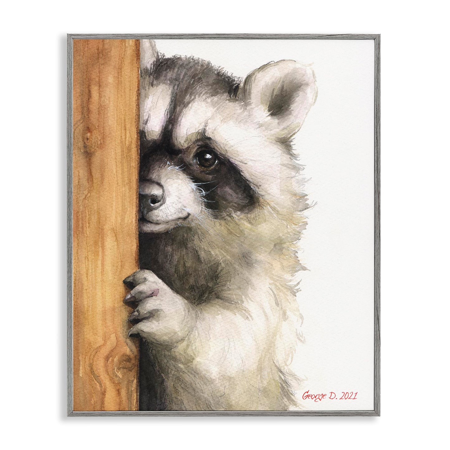 Stupell Industries Peering Raccoon Cute Smile Watercolor Animal Painting, Design by George Dyachenko