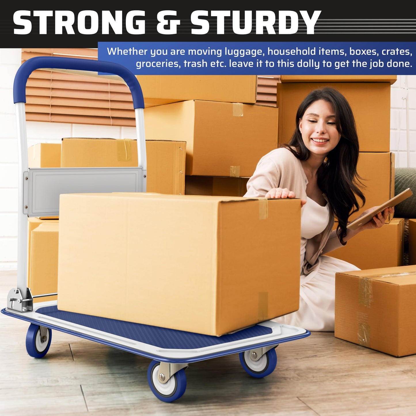 Heavy Duty Foldable Push Cart Dolly | 330 lbs. Capacity | Upgraded Collapsible Hand Truck Platform with Swivel Wheels | Flat Bed Moving Wagon | Space Saving Push Handle (Blue)