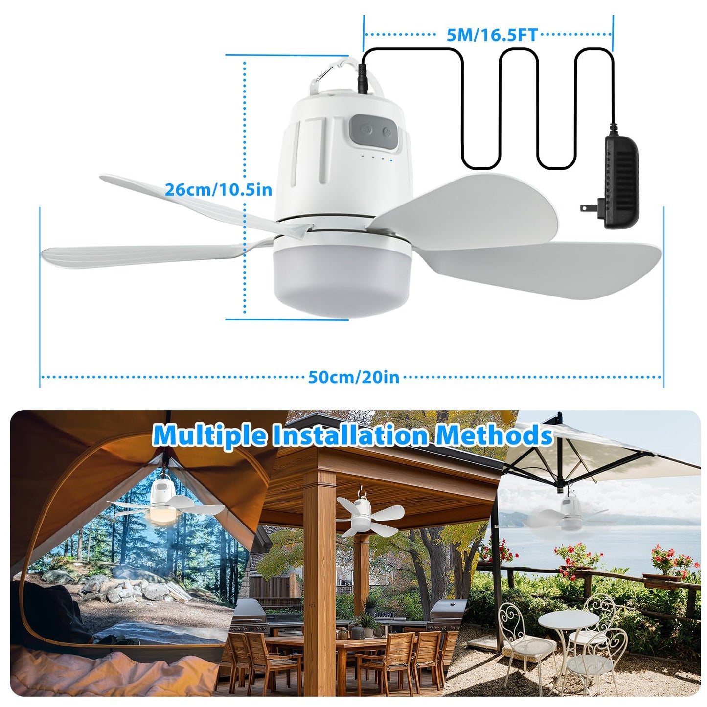 Gliztech Gazebo Fan Outdoor Hanging with Light, Patio Plug in Ceiling Fan with 16.5ft Cord, Remote & Hook, Portable for Outside Canopy, Pop up Tent, Pergola (20'')
