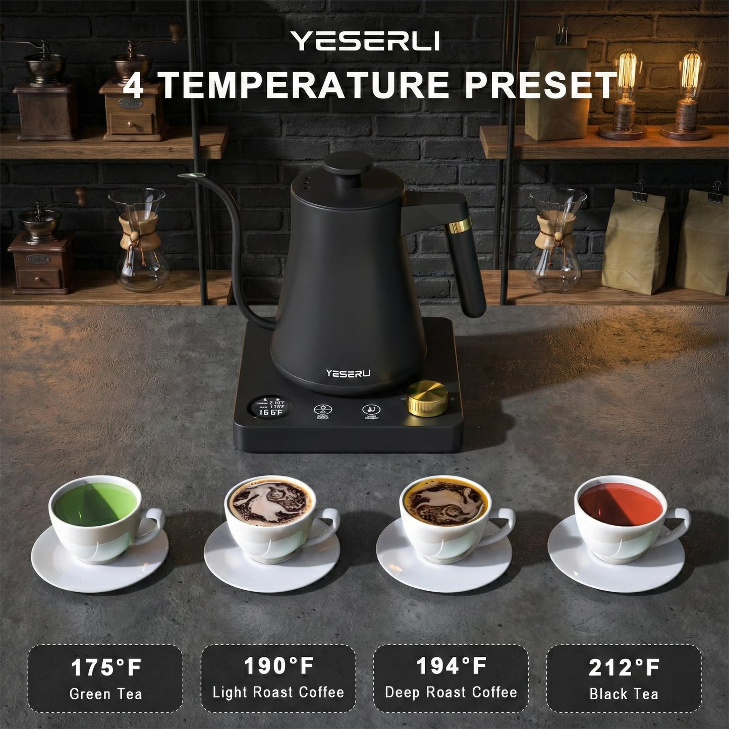 1.0L Gooseneck Electric Kettle with ±1℉ Temperature(104-212F) Control, Expert Brew Pour-Over Coffee & Tea,4 Temp Preset,12H Keep Warm,304 Stainless Steel Interior, 1200W Fast Boiling, Matte Black