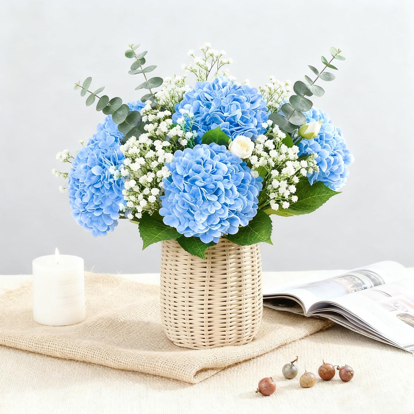 Cherica 6 Pcs Real Touch Blue Hydrangea Artificial Flowers with Stems, Fake Silk Flowers for Outdoors, Artificial Flowers for Home Decor Wedding Bouquets Centerpieces Vase