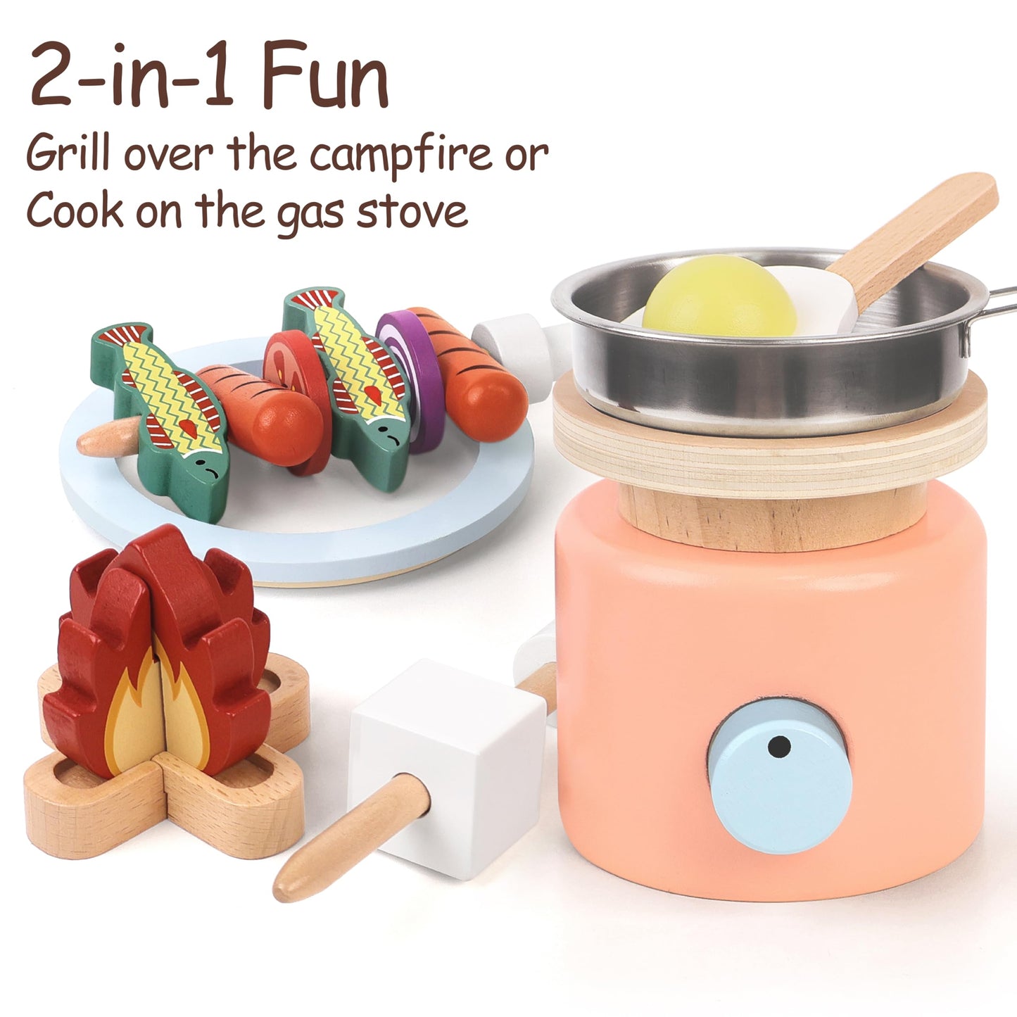 Pillowhale Wooden Campfire Playset – 25-Piece Kids S’Mores & Grill Pretend Camping Kitchen Toy, Glow-Look Fire, Skewers, Pan & Food, STEM Screen-Free Outdoor BBQ Gift for Boys & Girls Age 3+